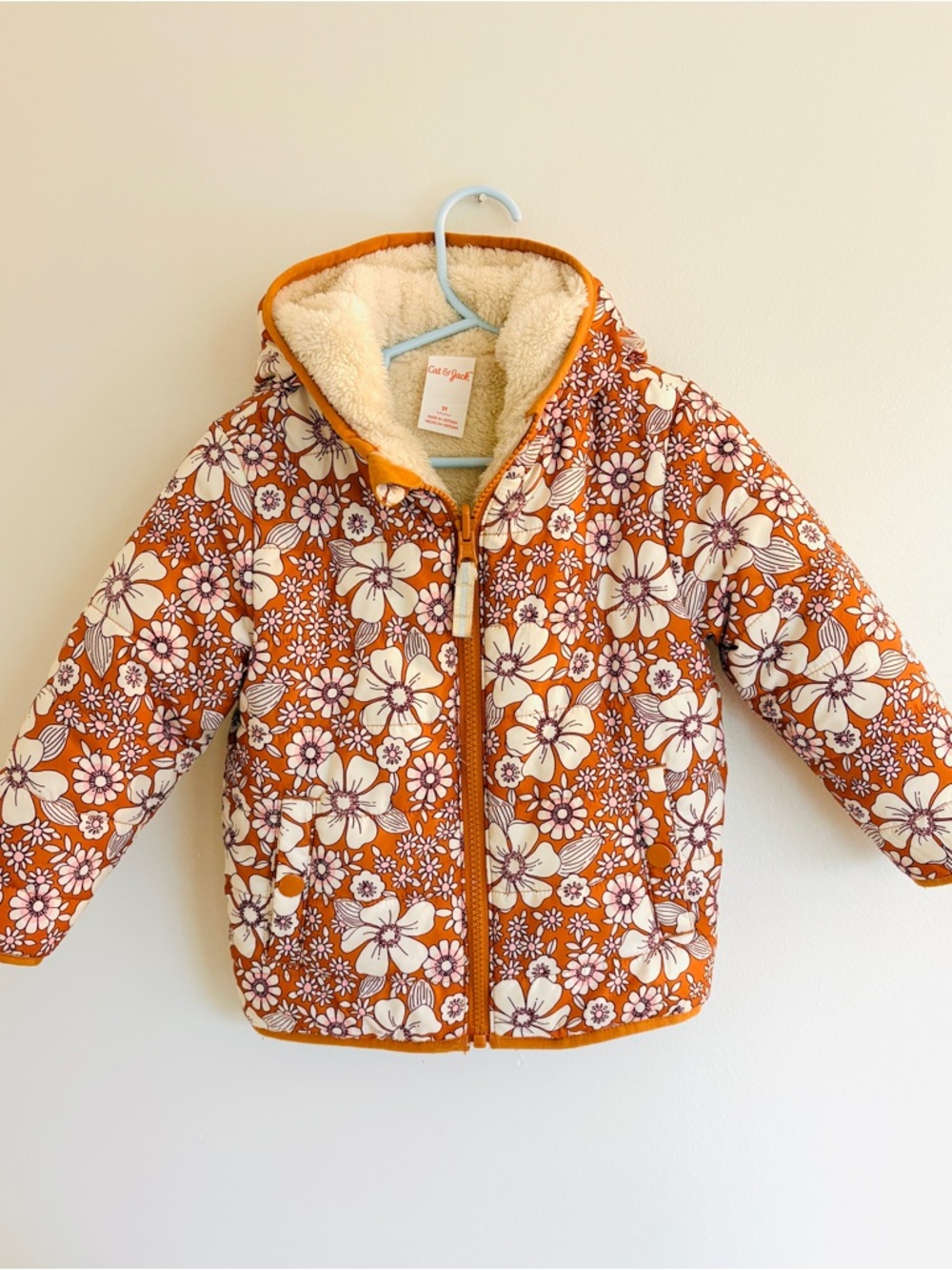 Cat & Jack Kids Orange Floral Sherpa-Lined Puffer Jacket